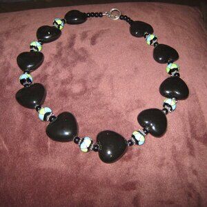 Handcrafted Black Heart Beaded 21" Statement Necklace